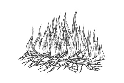 Traditional Burning Camping Fire Monochrome Vector