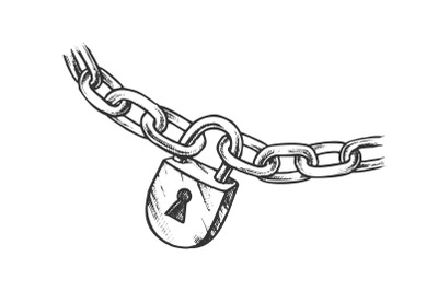 Steel Chain And Brass Padlock Monochrome Vector