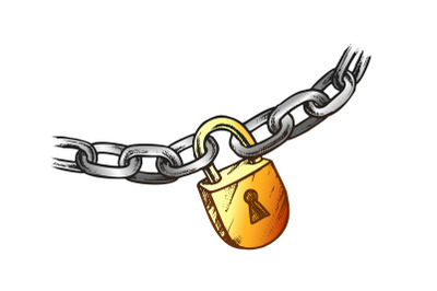 Steel Chain And Brass Padlock Color Vector