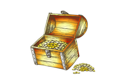 Treasure Chest Piles Of Coins Around Color Vector