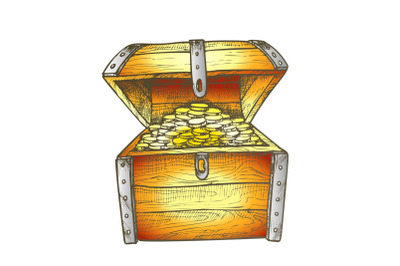 Treasure Chest Filled Golden Coins Color Vector