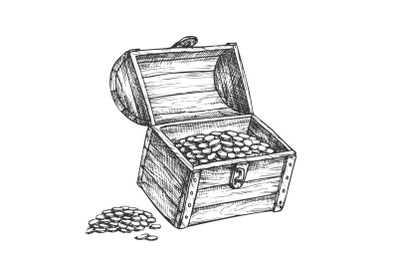 Treasure Chest Piles Of Coins Around Ink Vector