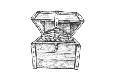 Treasure Chest Filled Golden Coins Ink Vector