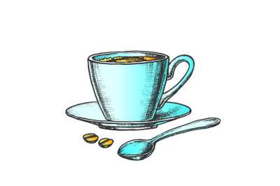 Coffee Cup On Saucer With Spoon Color Vector