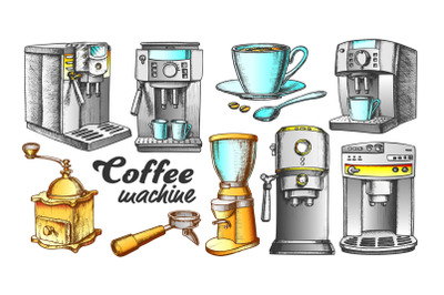 Coffee Machine, Holder And Cup Retro Set Vector