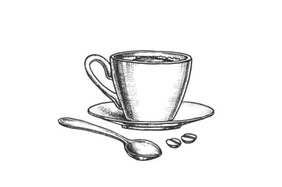 Coffee Cup On Saucer With Spoon Monochrome Vector