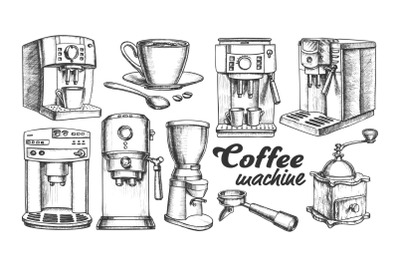 Coffee Machine, Holder And Cup Retro Set Vector