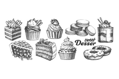 Assortment Baked Sweet Dessert Set Vintage Vector