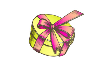 Gift Box In Round Shape With Ribbon Color Vector