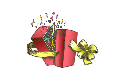 Gift Box Opened With Bow And Confetti Color Vector