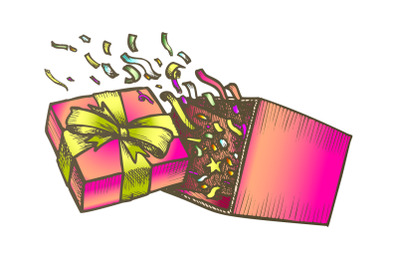 Opened Gift Box With Confetti Explosion Color Vector