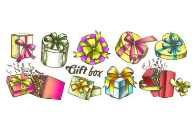 Gift Box With Ribbon Collection Color Set Vector