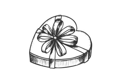 Gift Box In Heart Form With Ribbon Ink Vector