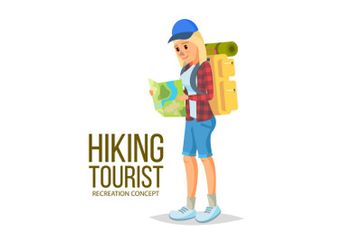 Hiking Girl Vector. Leading Healthy Lifestyle. Downshifting. Flat Cartoon Illustration