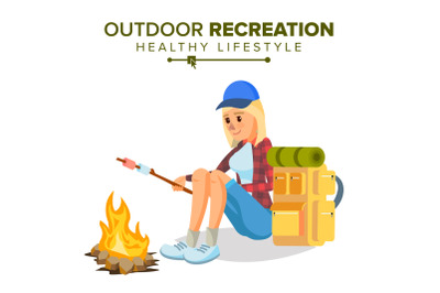 Hiking Girl Vector. Sports, Outdoor Recreation Concept. Hiking Tourist. Cartoon Character Illustration