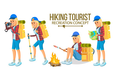 Hiking Woman Vector. Hiking In Mountains. Adventures In Nature, Vacation. Isolated Flat Cartoon Character Illustration