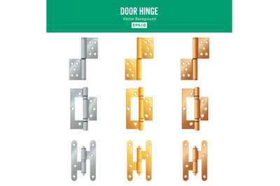 Door Hinge Vector. Set Classic And Industrial Ironmongery Isolated On White Background. Simple Entry Door Metal Hinge Icon. Stainless Steel, Copper, Bronze, Gold, Brass. Stock Illustration