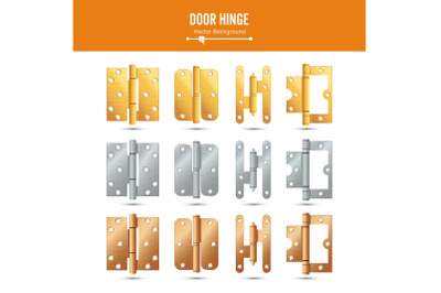 Door Hinge Vector. Set Classic And Industrial Ironmongery Isolated On White Background. Simple Entry Door Metal Hinge Icon. Stainless Steel, Copper, Bronze, Gold, Brass. Stock Illustration