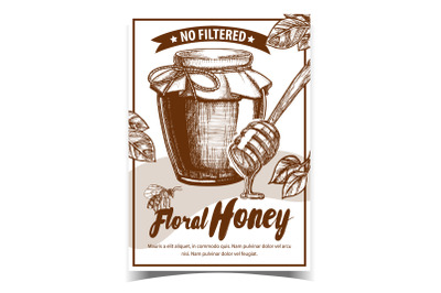 Honey In Bottle And Wooden Stick Poster Vector