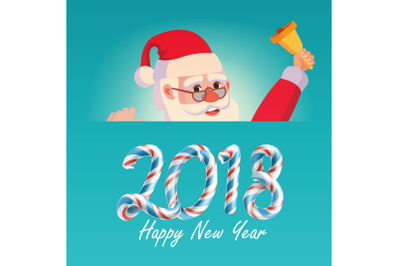 2018 Merry Christmas And Happy New Year Greeting Card With Santa Claus Vector. Holidays Cartoon Illustration