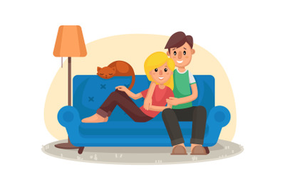 Home Cinema Vector. Home Room With TV Screen. Using Television Together. Online Home Movie. Cartoon Character Illustration