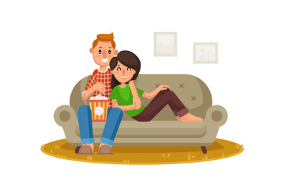 Home Cinema Vector. Home Room With TV Screen. Using Television Together. Online Home Movie. Cartoon Character Illustration