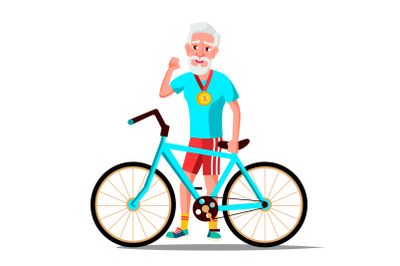 Old Man With Bicycle Vector. City Bike. Outdoor Sport Activity. Eco Friendly. Isolated Illustration