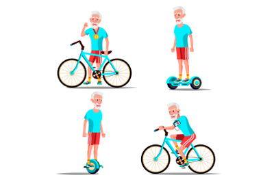 Old Man Riding Hoverboard, Bicycle Vector. City Outdoor Sport Activity. Gyro Scooter, Bike. Eco Friendly. Healthy Lifestyle. Isolated Illustration