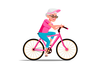 Old Woman Riding On Bicycle Vector. Healthy Lifestyle. Bikes. Outdoor Sport Activity. Isolated Illustration