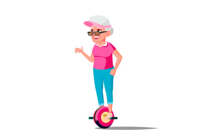 Old Woman On Hoverboard Vector. Riding On Gyro Scooter. One-Wheel Electric Self-Balancing Scooter. Positive Person. Isolated Illustration