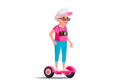 Old Woman On Hoverboard Vector. Riding On Gyro Scooter. Outdoor Activity. Two-Wheel Electric Self-Balancing Scooter. Isolated Illustration