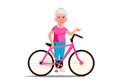 Old Woman With Bicycle Vector. City Bike. Outdoor Sport Activity. Eco Friendly. Isolated Illustration