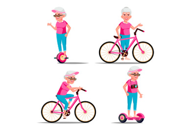 Old Woman Riding Hoverboard, Bicycle Vector. City Outdoor Sport Activity. Gyro Scooter, Bike. Eco Friendly. Healthy Lifestyle. Isolated Illustration