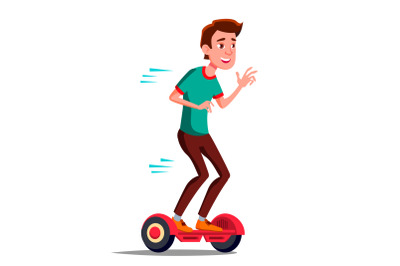 Teen Boy On Hoverboard Vector. Riding On Gyro Scooter. Outdoor Activity. Two-Wheel Electric Self-Balancing Scooter. Isolated Illustration