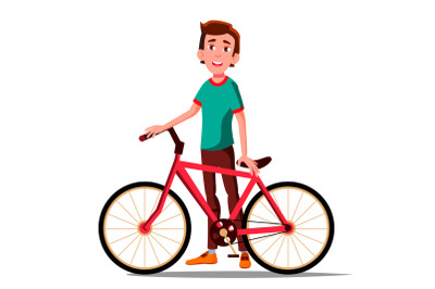 Teen Boy With Bicycle Vector. City Bike. Outdoor Sport Activity. Eco Friendly. Isolated Illustration