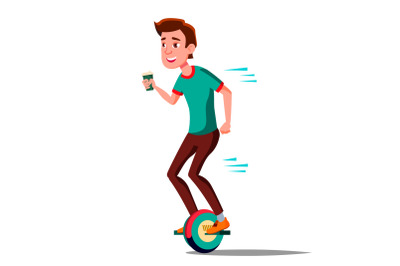 Teen Boy On Hoverboard Vector. Riding On Gyro Scooter. One-Wheel Electric Self-Balancing Scooter. Positive Person. Isolated Illustration