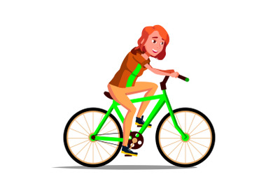 Teen Girl Riding On Bicycle Vector. Healthy Lifestyle. Bikes. Outdoor Sport Activity. Isolated Illustration