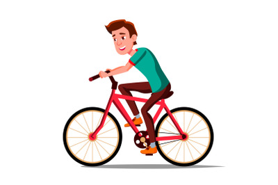 Teen Boy Riding On Bicycle Vector. Healthy Lifestyle. Bikes. Outdoor Sport Activity. Isolated Illustration