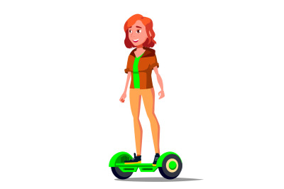 Teen Girl On Hoverboard Vector. Riding On Gyro Scooter. Outdoor Activity. Two-Wheel Electric Self-Balancing Scooter. Isolated Illustration