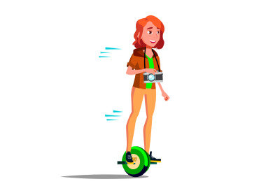 Teen Girl On Hoverboard Vector. Riding On Gyro Scooter. One-Wheel Electric Self-Balancing Scooter. Positive Person. Isolated Illustration