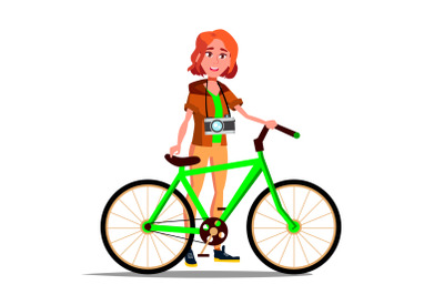 Teen Girl With Bicycle Vector. City Bike. Outdoor Sport Activity. Eco Friendly. Isolated Illustration