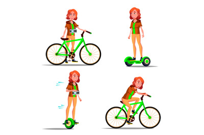 Teen Girl Riding Hoverboard, Bicycle Vector. City Outdoor Sport Activity. Gyro Scooter, Bike. Eco Friendly. Healthy Lifestyle. Isolated Illustration