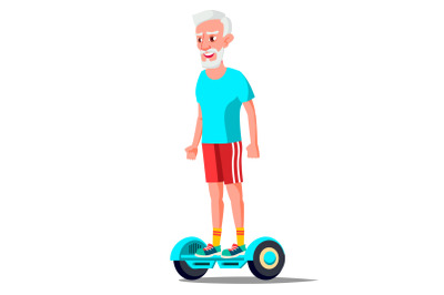 Old Man On Hoverboard Vector. Riding On Gyro Scooter. Outdoor Activity. Two-Wheel Electric Self-Balancing Scooter. Isolated Illustration