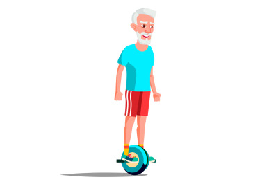 Old Man On Hoverboard Vector. Riding On Gyro Scooter. One-Wheel Electric Self-Balancing Scooter. Positive Person. Isolated Illustration