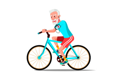 Old Man Riding On Bicycle Vector. Healthy Lifestyle. Bikes. Outdoor Sport Activity. Isolated Illustration