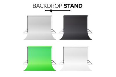 Photo Studio Hromakey Set Vector. Modern Photo Studio. Black, White, Green Backdrop Stand Tripods. Realistic 3D Template Mock Up. Isolated Illustration