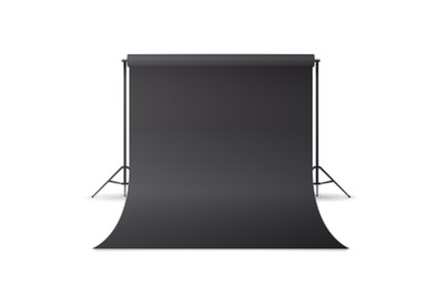 Empty Photo Studio Hromakey Vector. Modern Photo Studio. Black Backdrop Stand Tripods. Isolated Illustration