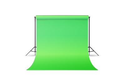 Empty Photo Studio Hromakey Vector. Modern Photo Studio. Green Backdrop Stand Tripods. Isolated Illustration.