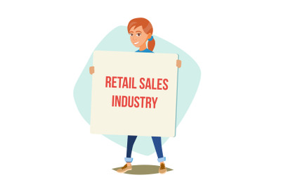 Retail Sales Industry Promoters Vector. Person Standing With Blank Advertising Poster. Expressing Active Position For Rights. Man Holding Empty Board. Cartoon Character Illustration