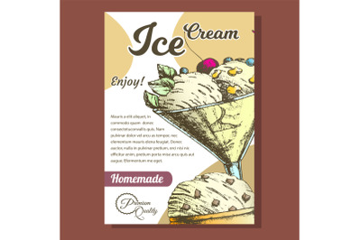 Glass With Fruit Scoop Ice Cream Banner Vector